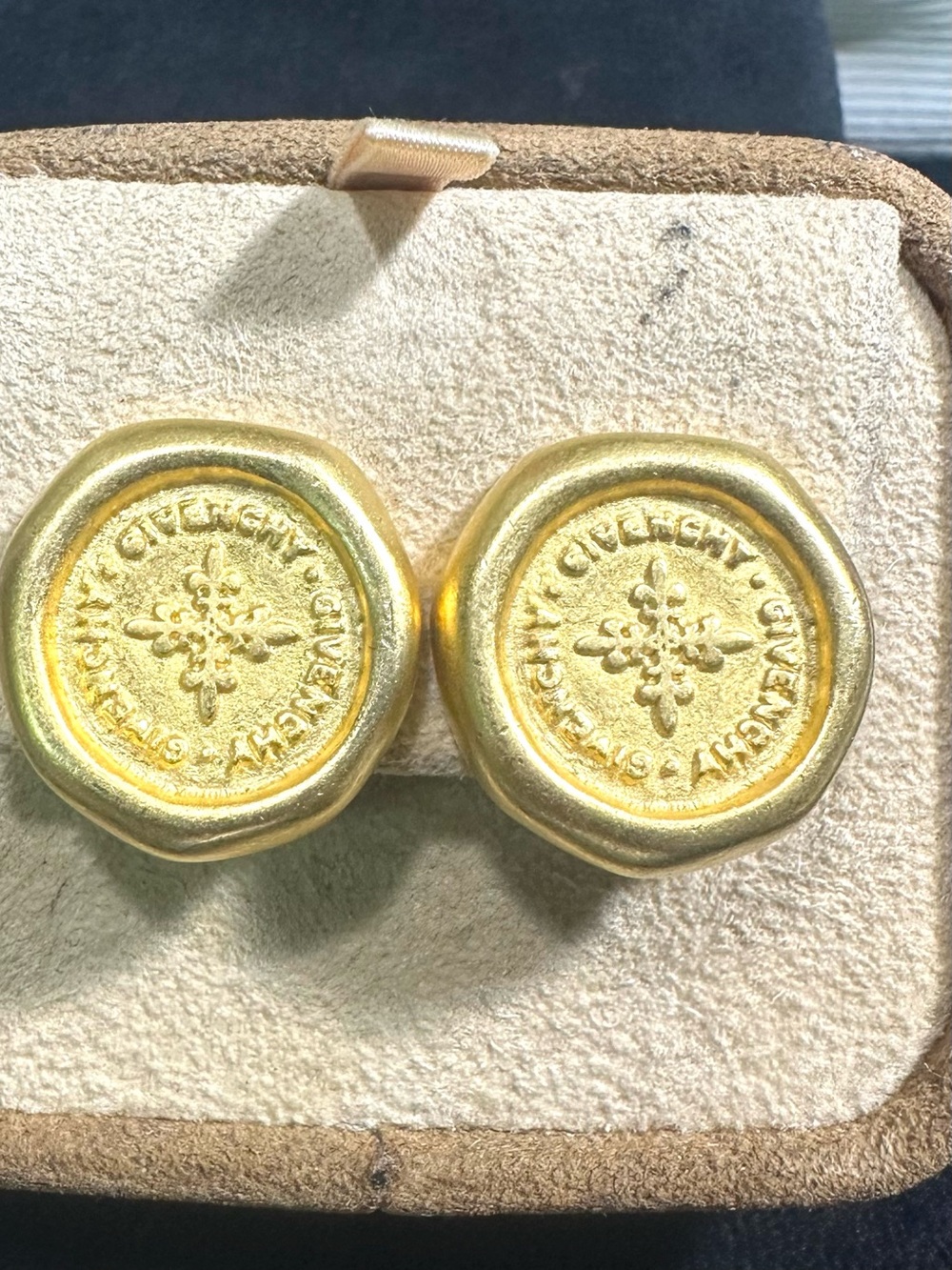 Vtg: Authentic GIVENCHY Matte Gold Wax Seal Clip On Earrings
